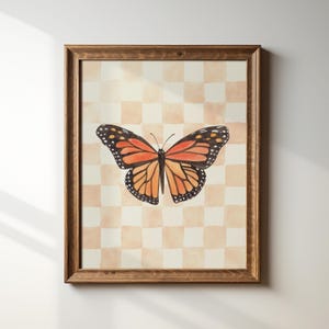 Peach Check Monarch Butterfly Print: Trendy Vintage Wall Art, Digital Download, Art Print, Gift Idea, Aesthetic