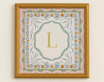 L – Verspielter, personalisierter Kunstdruck mit Initialen, digitaler Download, farbenfrohe Typografie, individueller Buchstabe fürs Kinderzimmer
