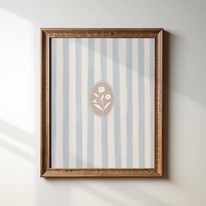 Blue Striped Minimal Floral Art Print, Digital Print, Wall Art, Trendy Decor, Abstract Vintage Painting, English Garden, Floral, Cottage