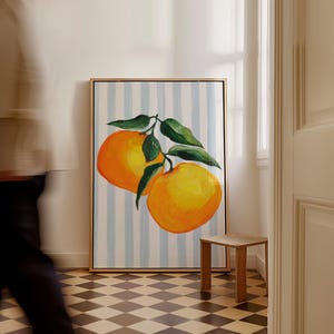 Blue Striped Minimal Berry Art Print, Digital Print, Wall Art, Trendy Decor, Abstract Vintage Painting, English Garden, Floral, Cottage