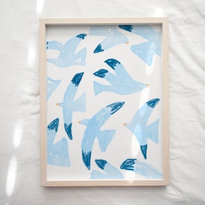 Flying Blue Birds Print, Digital Downloadable Wall Art, Trendy Decor, Abstract Vintage Painting image 3