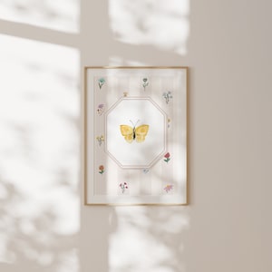 Cream Vintage Floral Wallpaper Butterfly Print, Digital Downloadable Wall Art, Trendy Decor, Vintage Painting, English Garden, Nursery