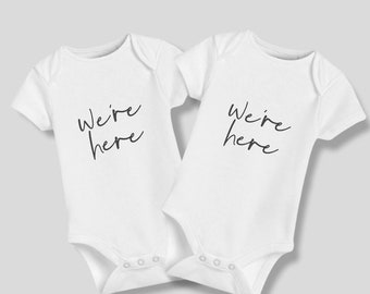 We're Here | Twins Baby Announcement | Personalised baby bodysuit | Birth Announcement onesie