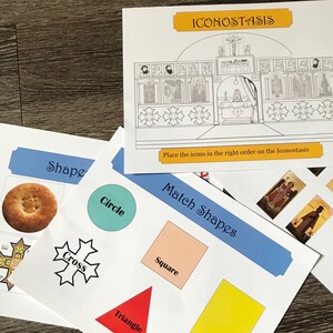 May include: A set of educational activity sheets for children featuring a colorful iconostasis, shapes, and a cutout sheet. The sheets include the words "Shape", "Circle", "Square", "Rectangle", "Cross", "Triangle", "Iconostasis", "Match Shapes", and "Cutout Sheet".