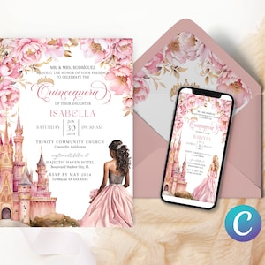 Plantilla de invitación de quinceañera con diseño de princesa y castillo de cuento de hadas en color rosa para quinceañera, invitación digital para quinceañera, invitación floral de princesa en color rosa