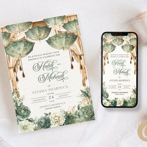 Mehndi Einladung Salbei Grün Gold Blumen bearbeitbare Canva Vorlage für indische Hochzeit Haldi einladen mit Regenschirm Mehndi Dekor Henna IP0008