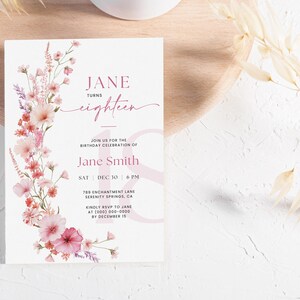 May include: A pink and white floral design with a pink 18 on the right side of the invitation. The invitation reads "Jane turns eighteen" and includes details for Jane Smith's birthday celebration.