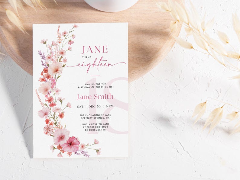 May include: A pink and white floral design with a pink 18 on the right side of the invitation. The invitation reads "Jane turns eighteen" and includes details for Jane Smith's birthday celebration.