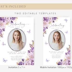 Puede incluir: Dos plantillas editables para una invitaci&oacute;n a un servicio conmemorativo. Las plantillas presentan un dise&ntilde;o floral morado y dorado con mariposas y un espacio reservado para una foto. El texto dice "Celebrando la vida de Martha Smith 30 de agosto de 1975 - 29 de septiembre de 20XX". Una plantilla mide 5 x 7 pulgadas y la otra 1080 x 1920 p&iacute;xeles.
