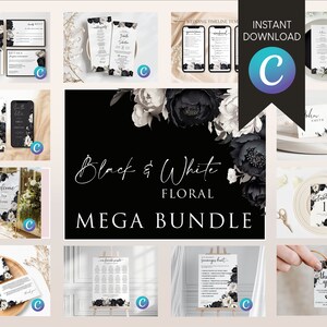 Modello MEGA BUNDLE per matrimonio floreale in bianco e nero EDITABILE, suite di inviti di nozze digitali, pacchetto di inviti di nozze, set di inviti