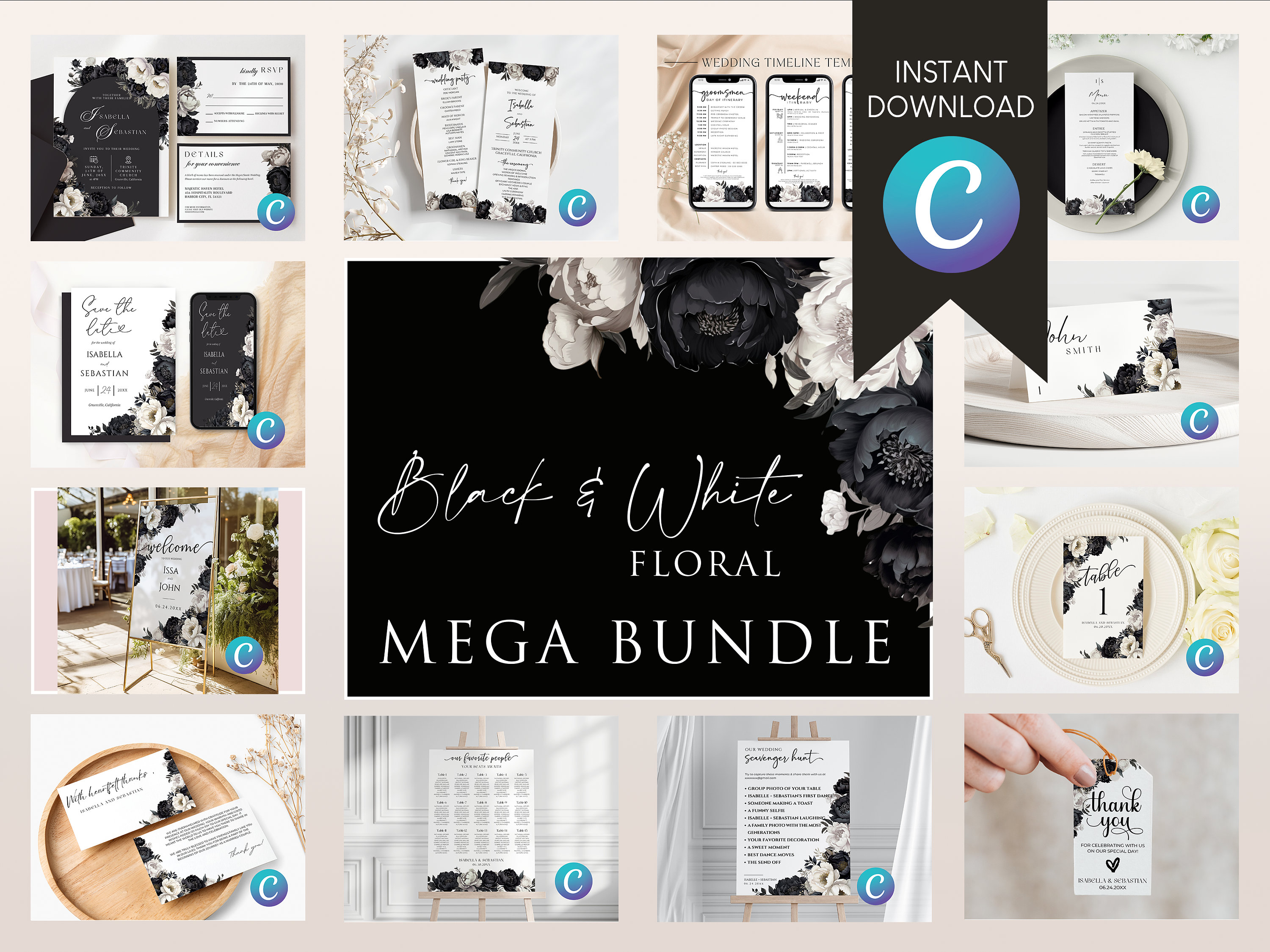 EDITABLE Black & White Floral Wedding MEGA BUNDLE Template, Digital ...