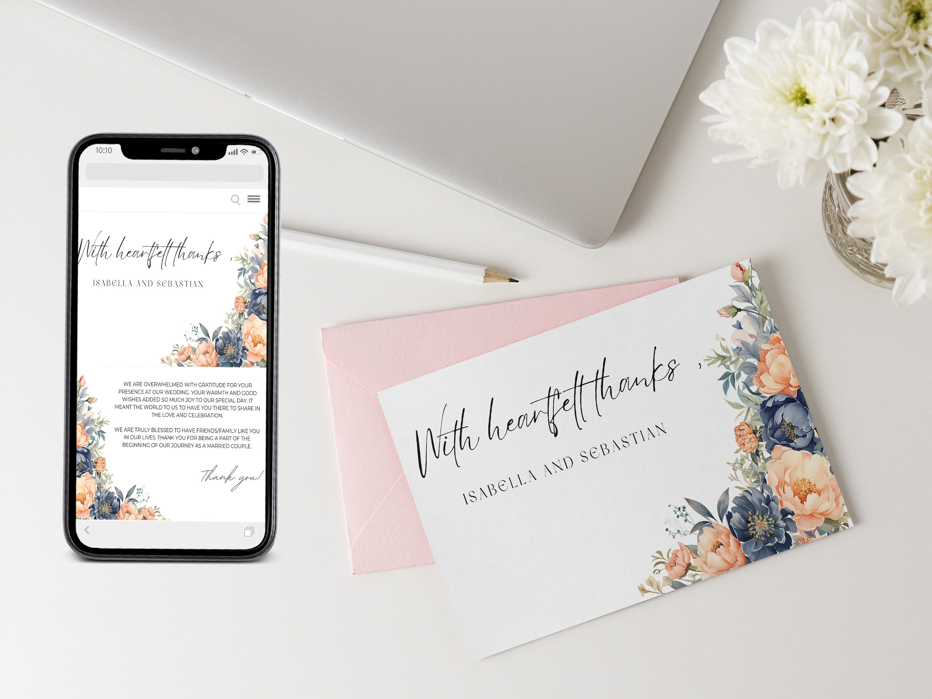 Editable Peach Fuzz & Navy Blue Floral Wedding Thank You Card Template ...