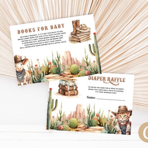 May include: Two printable cards for a baby shower. The first card is a request for guests to bring a book for the baby instead of a card. The second card is for a diaper raffle. Both cards feature a watercolor illustration of a desert landscape with cacti, a cowboy hat, and a stack of books.