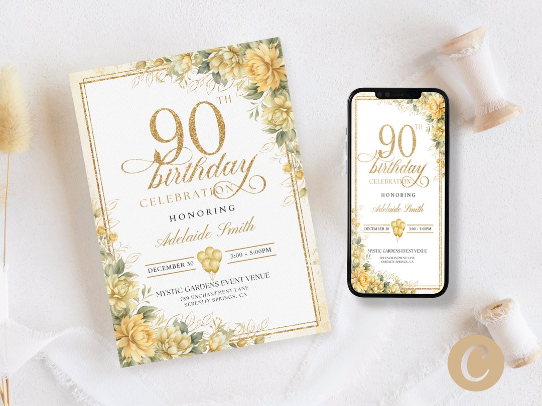 90th-birthday-party-invitation-canva-template-for-mother-grandma-gold-yellow-floral-90-years-loved-nonagenarian-mobile-invite-bp0046-etsy
