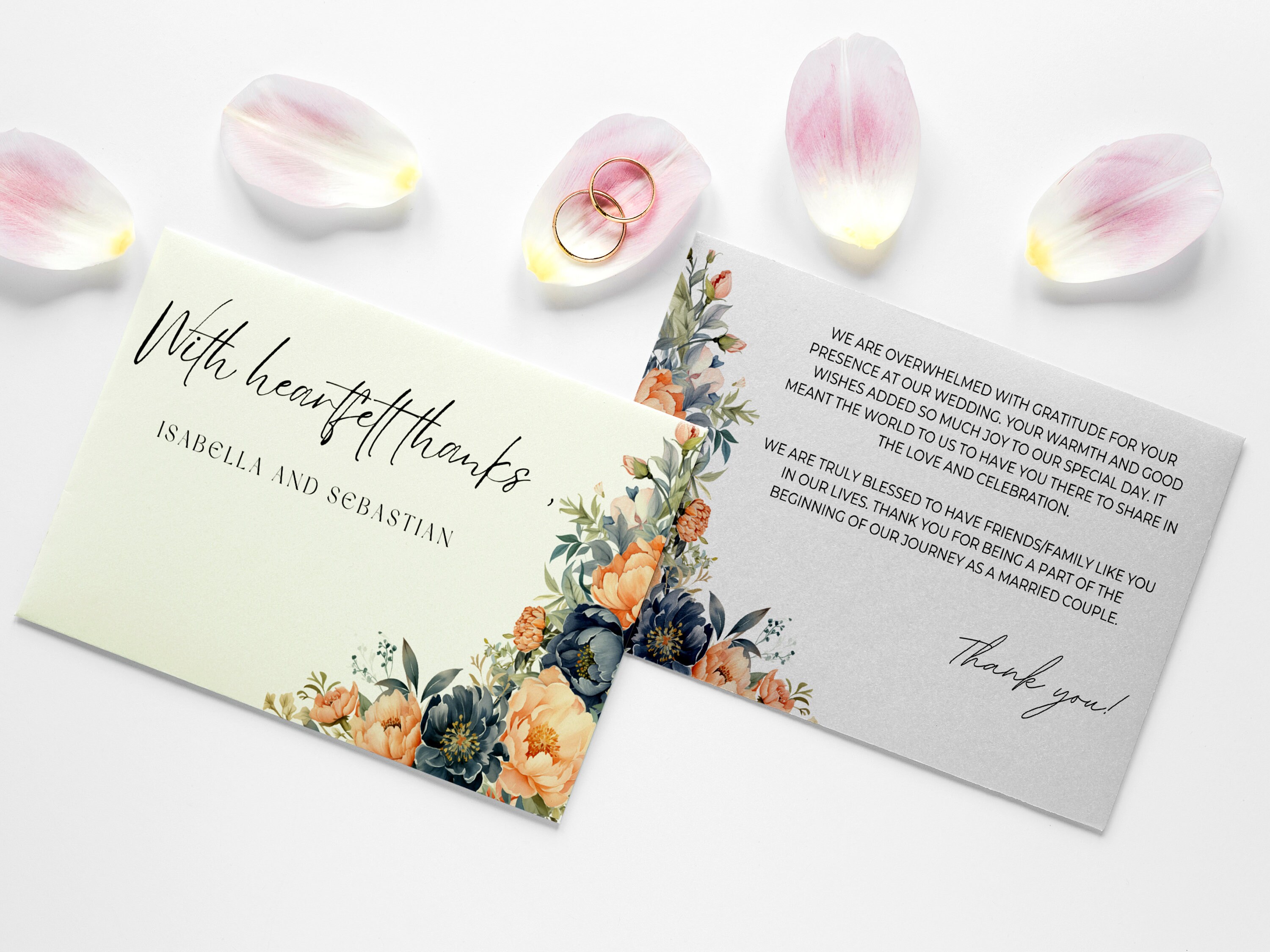 Editable Peach Fuzz & Navy Blue Floral Wedding Thank You Card Template ...