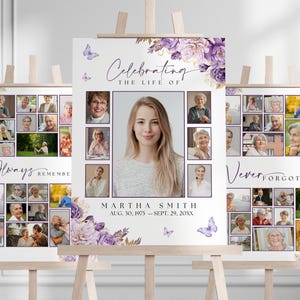 Purple Floral Butterfly Funeral Welcome Sign Photo Board for Woman Template Simple Celebration of Life Memorial Service Photo Collage FS0001