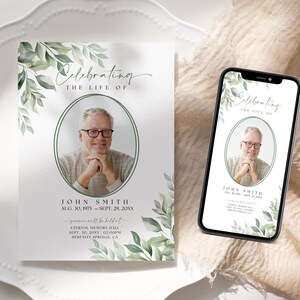 May include: A digital and printed memorial card with a green leafy design. The card features a photo of a man and the text "Celebrating the Life of John Smith Aug. 30, 1975 - Sept. 29, 20XX You are well-beloved Eternal Memory Hall Sept. 30, 20XX 02:00PM Serenity Springs, CA"