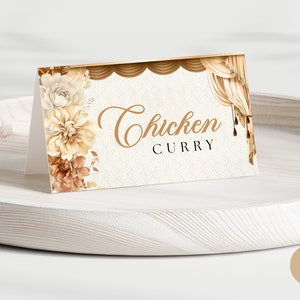 Mehndi Beige Gold bearbeitbare Lebensmitteletikett Canva Vorlage für indische Hochzeit, elegantes Haldi-Menü Name Partydekoration mit Regenschirm ip0010