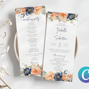 Puede incluir: Programa de la ceremonia de boda con diseños florales de color melocotón y azul. El programa enumera la fiesta de bodas, el orden de la ceremonia y la fecha y el lugar de la boda. La boda es para Isabella y Sebastian.