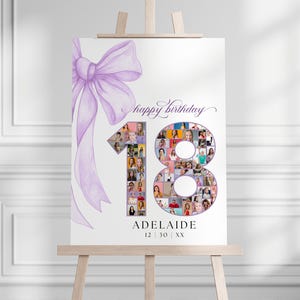 Colagem de fotos de aniversário de 18 anos com laço roxo, pôster de aniversário para meninos e meninas, placa de festa de fotos com número lilás de 18 anos, presente para ela e ele, BP0107