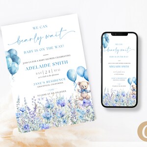 Editável We Can Bearly Wait Bear Convite para chá de bebê, cartão de convite para chá de bebê com balão azul pastel e flores silvestres, download digital BS0005