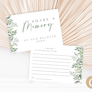 Plantilla de Canva editable para compartir una tarjeta de recuerdo para un funeral con vegetación verde, ideal para un padre o una mujer, como recuerdo para un servicio conmemorativo (FS0002)