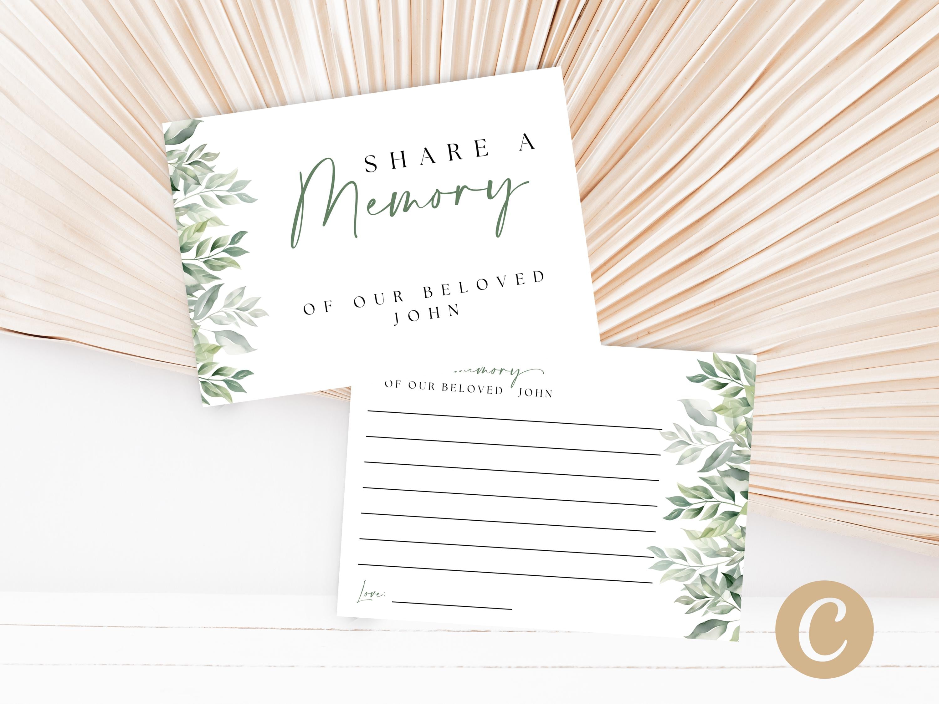 Editable Green Greenery  Funeral Share A Memory Card for Man Dad Canva Template, Memorial Service Favorite Memory Keepsake Card Guest FS0002