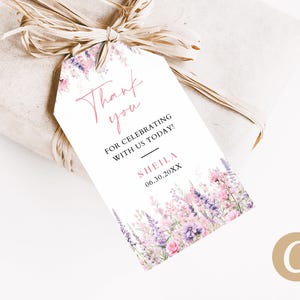 May include: White thank you tag with pink floral design and the text "Thank you for celebrating with us today!" and "Sheila 06.30.20XX".