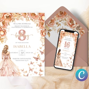 Invitation à thème floral de jardin magique, modèle d’anniversaire de papillon princesse, invitation de fille en or rose, élégant enchanteur fantaisiste imprimable