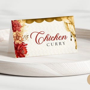 Mehndi Rot Gold Bearbeitbar Lebensmittel Etikett Canva Vorlage für Indische Hochzeit, Elegante Haldi Menü Name Party Dekoration mit Regenschirm Design Ip0002