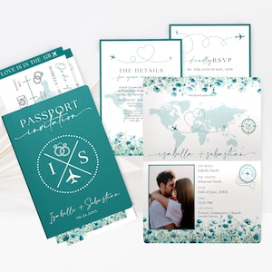 Teal Green Passport Invitation Canva Template w/ Boarding Pass & Save the Date, Destination Wedding Invitation Bundle in Travel Theme WP0033