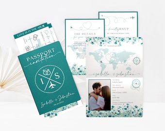 Teal Green Passport Invitation Canva Template w/ Boarding Pass & Save the Date, Destination Wedding Invitation Bundle in Travel Theme WP0033