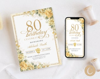 80th Birthday Party Invitation Canva Template for Mother Grandma, Gold Yellow  Floral 80 Years Loved Octogenarian Mobile Invite BP0045