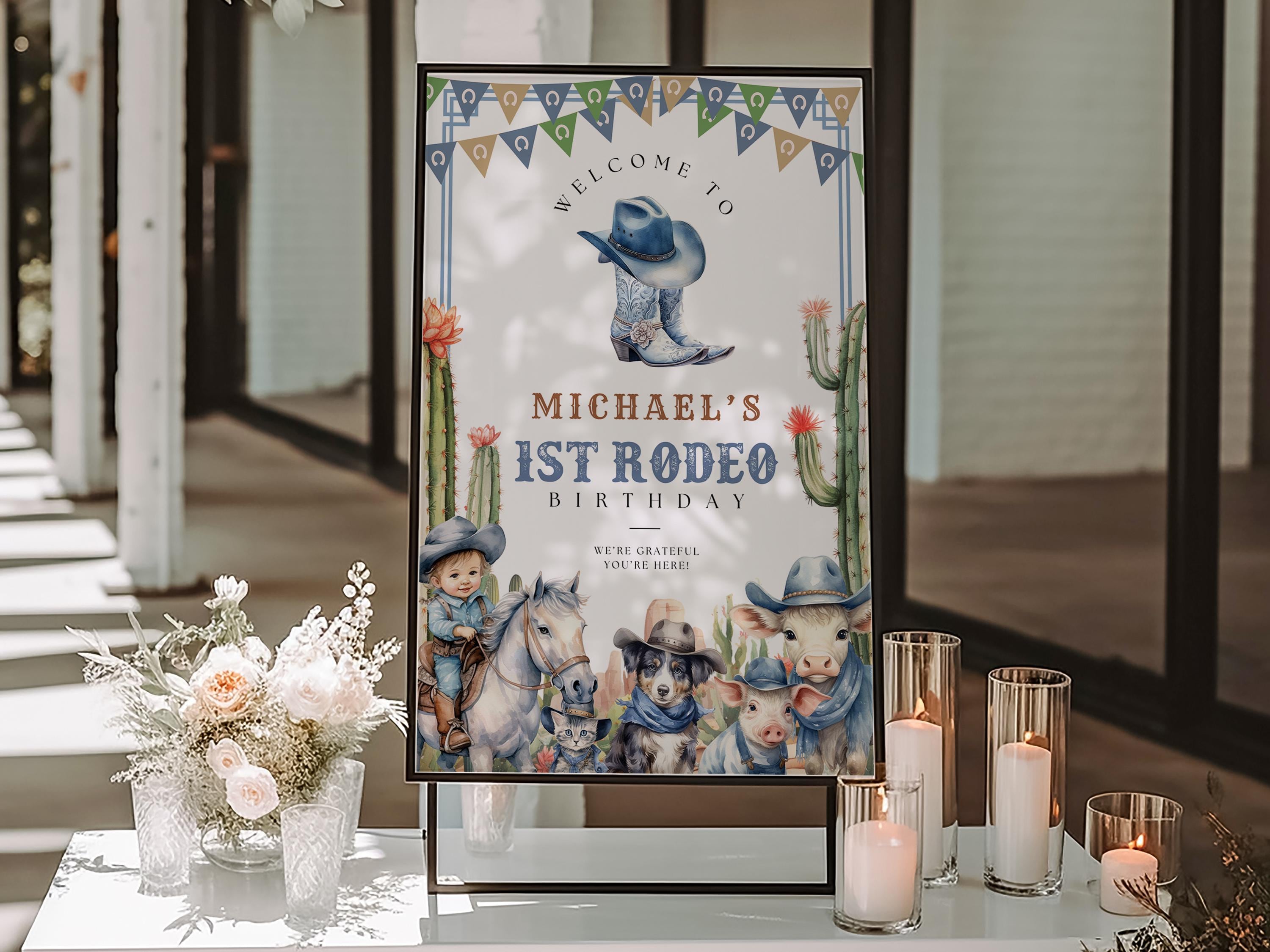 My First Rodeo Theme Sign Editable My First Blue Rodeo Birthday Welcome Sign Canva Template, Blue ...