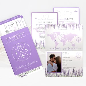 Lavendel Passport Einladung Canva Vorlage mit Bordkarte & Save the Date, Hochzeitseinladung im Travel Theme Whg