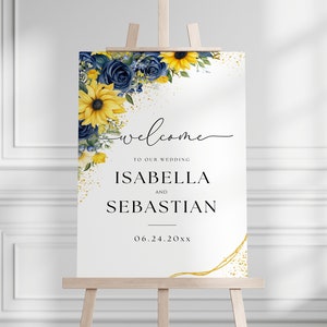 Cartello di benvenuto per matrimonio giallo senape blu navy, modello in tela floreale di peonie di girasole, acquerello romantico moderno minimalista elegante semplice