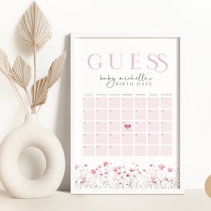 Modèle canva devinez la date d'échéance minimaliste modifiable pour baby shower rose, signe de calendrier moderne de baby shower de fleurs sauvages, sexe de la fille BS0002