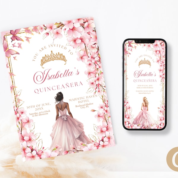 Pink Cherry Blossom Butterfly Princess Quinceanera Invitations Canva Template for Quinceanera, Pink Butterfly Quince Invite Digital QB0024