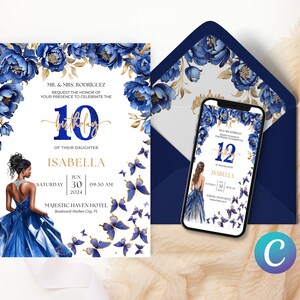 Magische Garten Blumen Thema Einladung, Prinzessin Schmetterling Geburtstag Vorlage, Royal Blau Mädchen einladen, Elegante Wunderlich Zauberhafte Printable