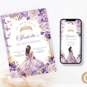 Modèle de toile d'invitations princesse Quinceanera papillon floral or lilas, carte numérique invitation coing princesse lilas violet et or QB0029