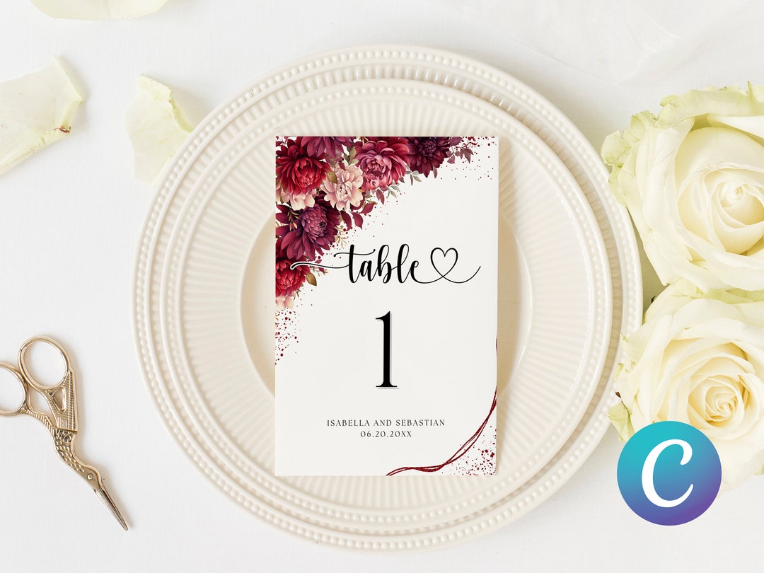 Burgundy Red Wedding Large Table Numbers, Dahlia Chrysanthemum Peonies Floral Canva Template