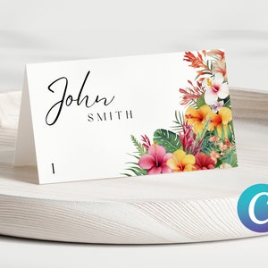 Modelo de cartão de nome de casamento de destino para Canva, cartão de nome de flor tropical, modelo de cartão de nome elegante, cartão de nome editável