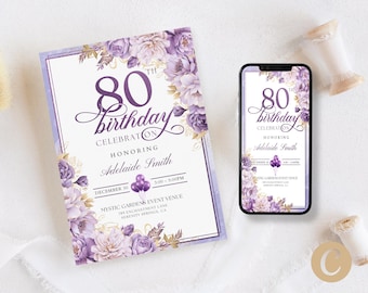 Puede incluir: Invitación de cumpleaños número 80 de color morado y dorado con diseño floral. La invitación dice "Celebración del 80 cumpleaños en honor a Adelaide Smith" e incluye la fecha, la hora y el lugar del evento.