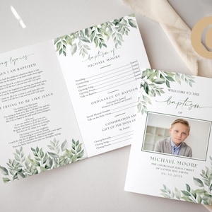 May include: A green and white baptism programme with a photo of a young boy in a suit. The programme includes the text "Welcome to the Baptism of Michael Moore" and "The Church of Jesus Christ of Latter-day Saints 06.10.20XX".