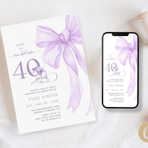 Paarse strik 40e verjaardagsuitnodiging meisjes, 40-jarige lila coquette Bow RSVP digitale download voor haar, bewerkbare canva-sjabloon BP0111
