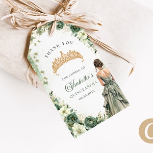 EDITÁVEL Sage Green Gold Floral Butterfly Princesa Quinceanera Obrigado por vir Tag Canva Template, Green Quince Gift Party Favor QB0032