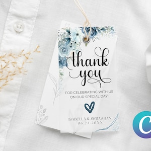 Étiquette de remerciement de mariage bleu poudré, modèle de toile florale pivoines bleu poudre, élégant minimaliste simple, moderne romantique aquarelle ensemble suite