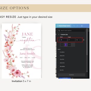 May include: A customizable invitation template with a floral design in pink and purple hues. The text reads "Jane turns eighteen" and includes details for a birthday celebration. The template can be resized to 5 inches by 7 inches.