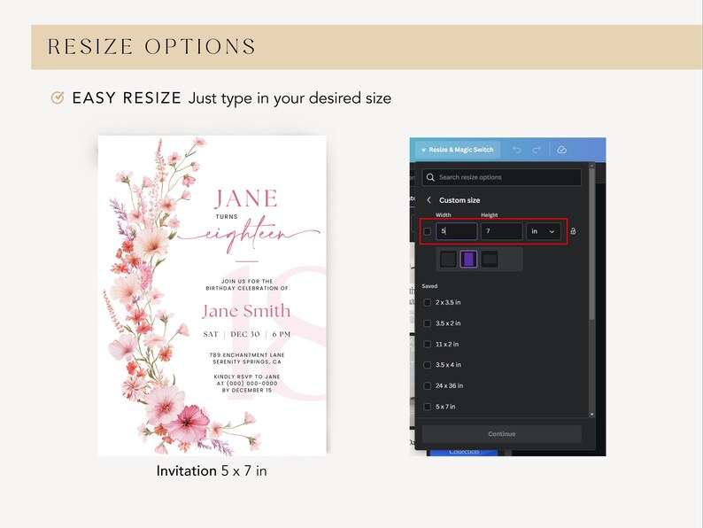 May include: A customizable invitation template with a floral design in pink and purple hues. The text reads "Jane turns eighteen" and includes details for a birthday celebration. The template can be resized to 5 inches by 7 inches.