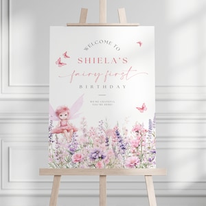 Editable Blush Pink Fairy First Birthday Welcome Sign Canva Template, Enchanted Garden Wildflower 1st Welcome Party Sign Download BP0060